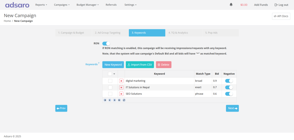 Keyword Targeting/RON Setup