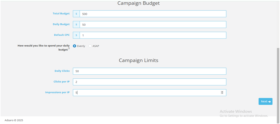 Text ad Campaign Setup Campaign Limits