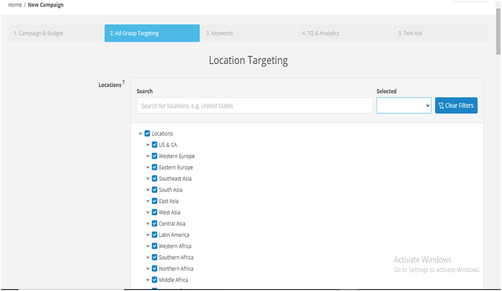 Text ad Campaign Setup for Location Targeting