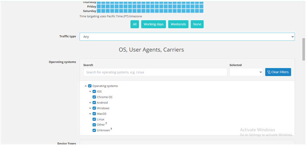 OS, User agents Carriers Setup