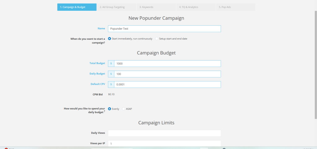 Popunder campaign setup : Budget