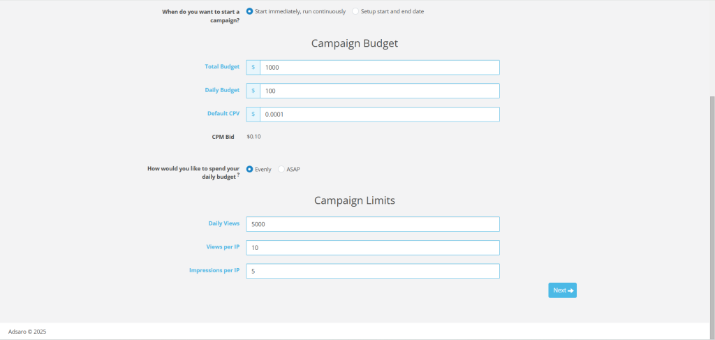 Popunder campaign setup : Cappings