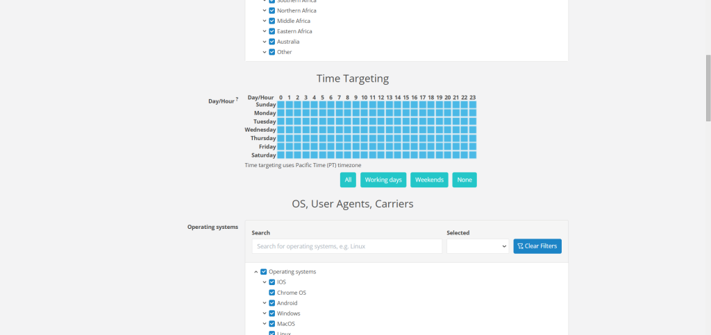 Popunder campaign setup : Time targeting